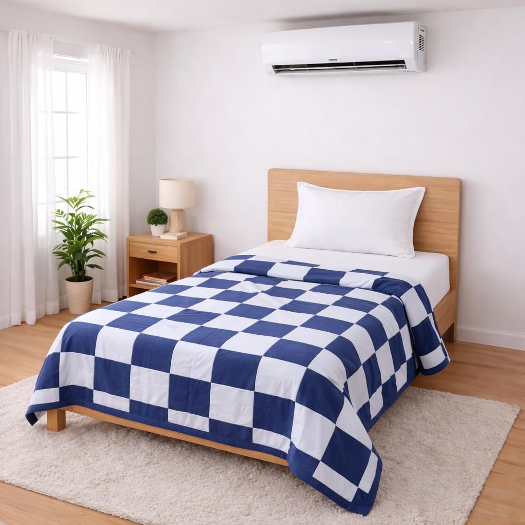 Bhoomi Impex Double Bed Dohar Classic Navy Check | Lightweight Summer Quilt | Soft Microfiber AC Blanket | Breathable All Season Comforter | Skin Friendly Bed Cover Kafalo