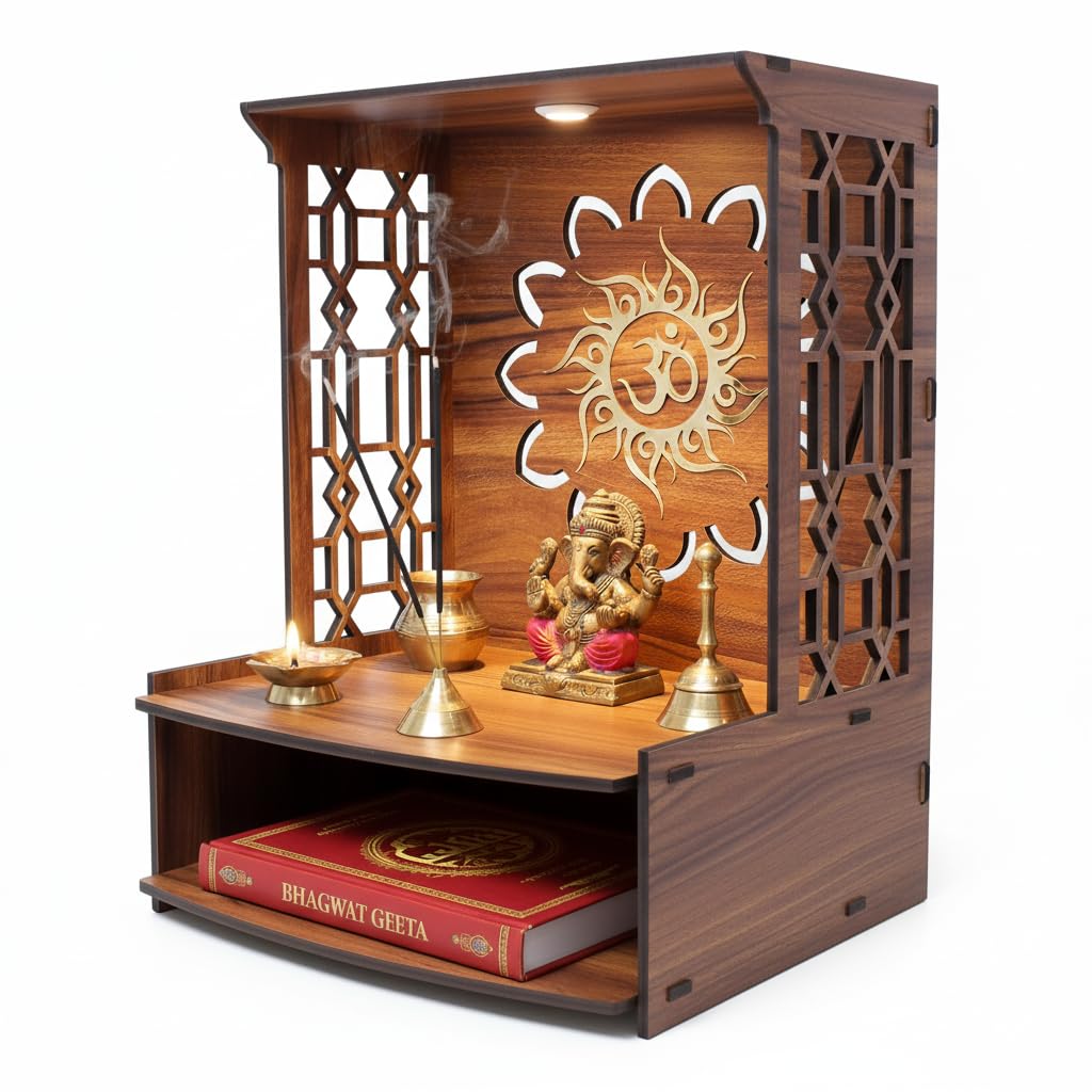 Royal Walnut Finish Wooden Pooja Mandir | Wall Mounted Home Temple with LED Lights & Spacious Storage | Premium Handcrafted Puja Unit (37.5 * 29 * 25 CM) (Large) A5