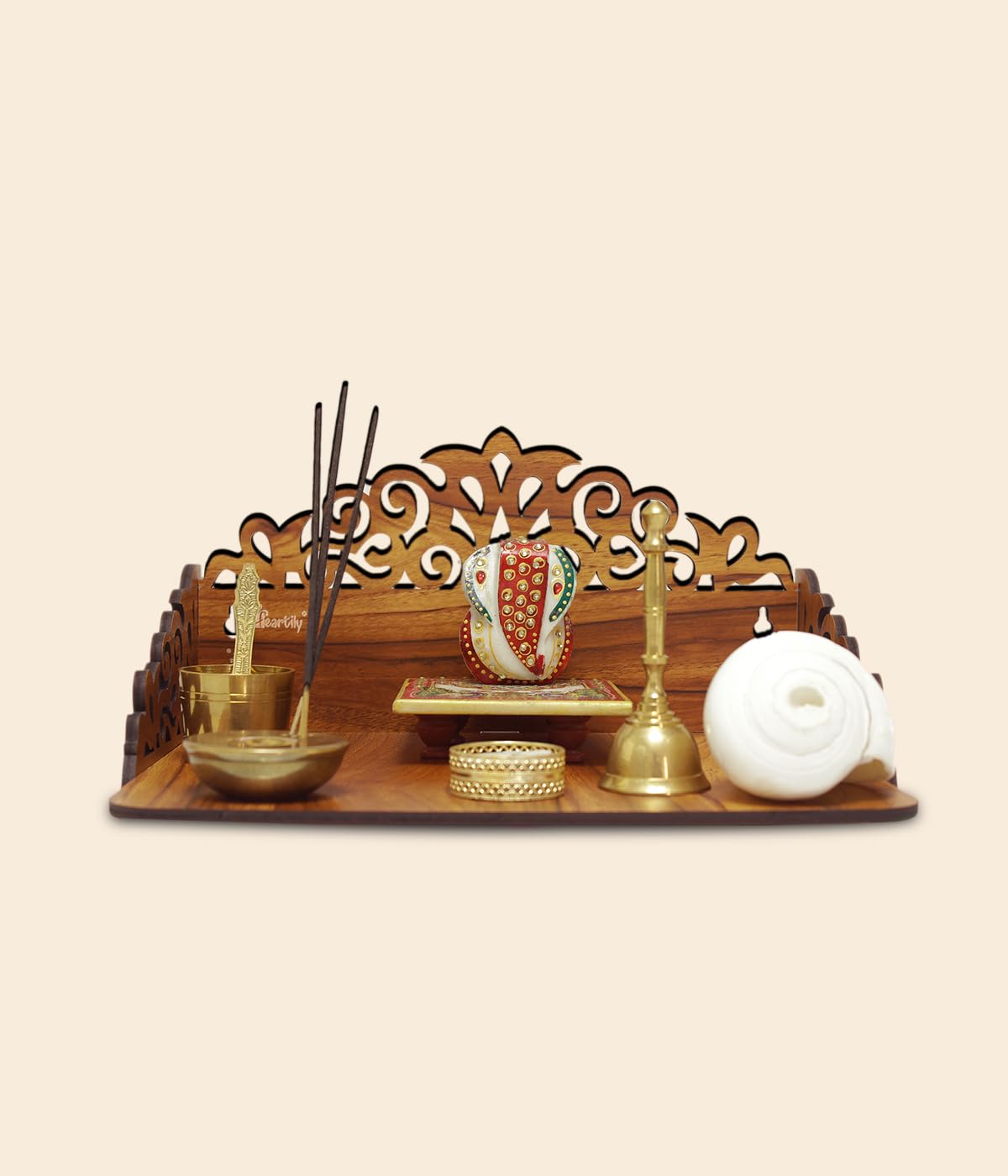 Heartily® : Rudra Wall Mounted Wooden Home Pooja Temple Mandir Puja Room Items Stand Home Decor Office Chowki Shelf Hanging Product (Height- 6.25, Length- 12, Width-9.0 Inch) (Brown), Religious