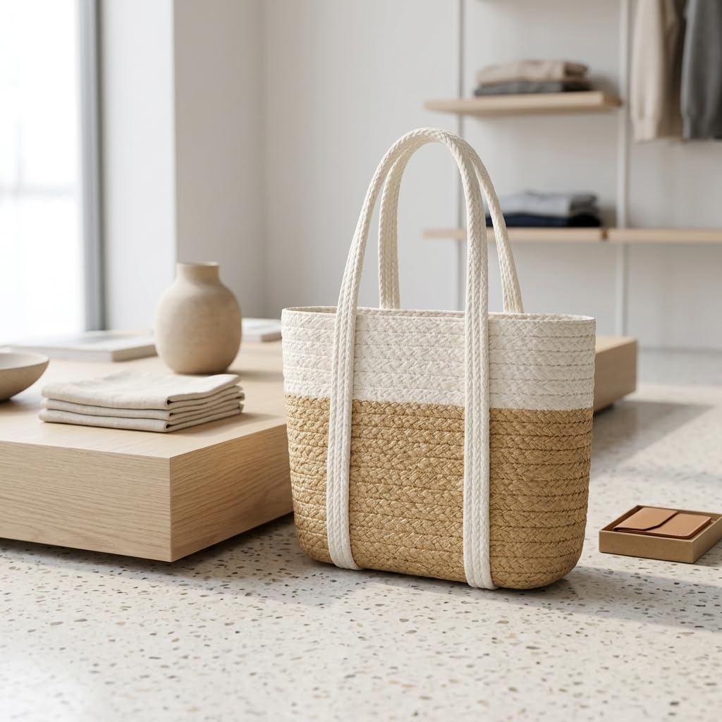 Loom & Luster Handwoven Jute Tote Bag Dual Tone Summer Shoulder Bag | Lightweight Eco-Friendly Handbag for girls and woman (Beige & white)