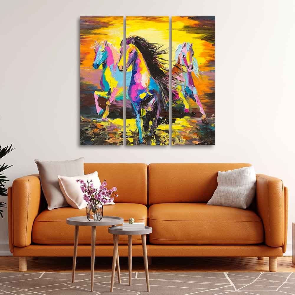 VIBECRAFTS Horse Running In Sunset 3 Pieces Canvas Wall Painting Fitted With Wooden Frame For Home | Office | Living Room | Gifts (PTVC3Pcs1_9516)