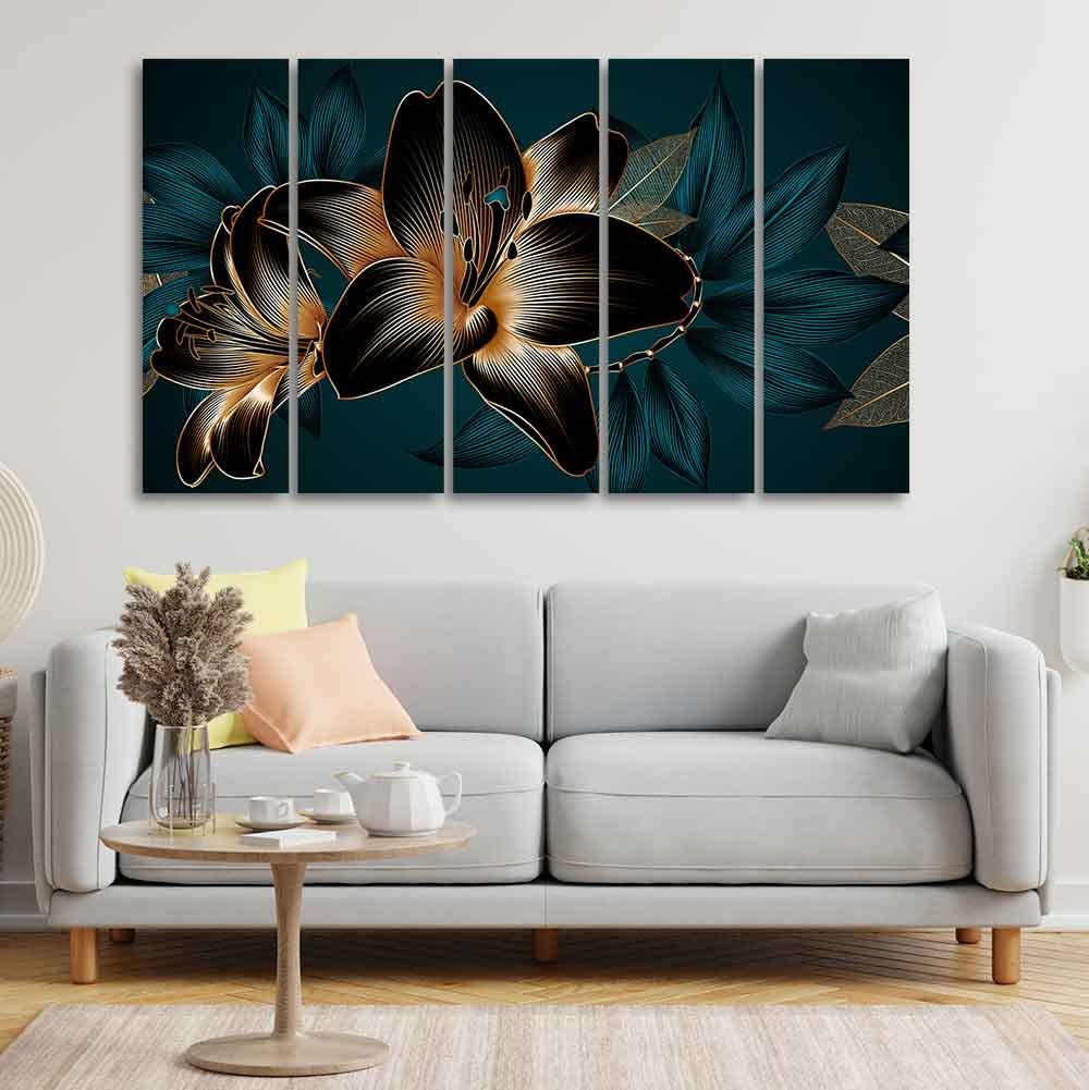 VIBECRAFTS Beautiful Lilies Flowers 5 Pieces Canvas Wall Painting For Home | Office | Living Room | Gift (PTVC5Pcs4_8547)