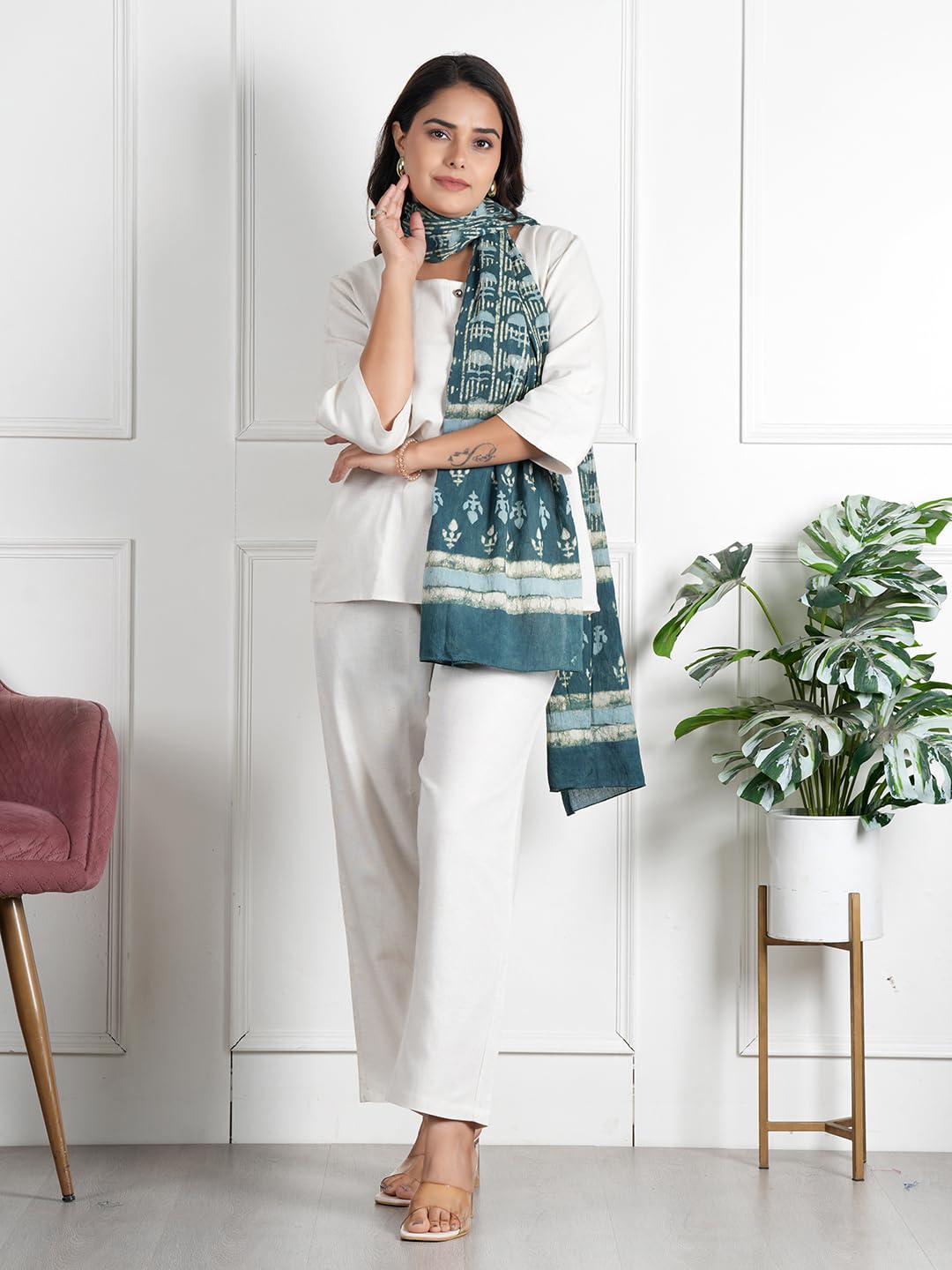 RAI SAHAB Printed Cotton Scarf for Women, Lightweight Soft Scarves Stoles for Summer & Winter(ST-99GRN10)