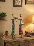 ZXC Rajasthani Lady Metal Tea Light Candle Holder Set of 2 | Handmade Traditional Indian Woman Figurine Diya Stand | Ethnic Iron Home Decor Showpiece for & Festive Decoration for Best Gifting