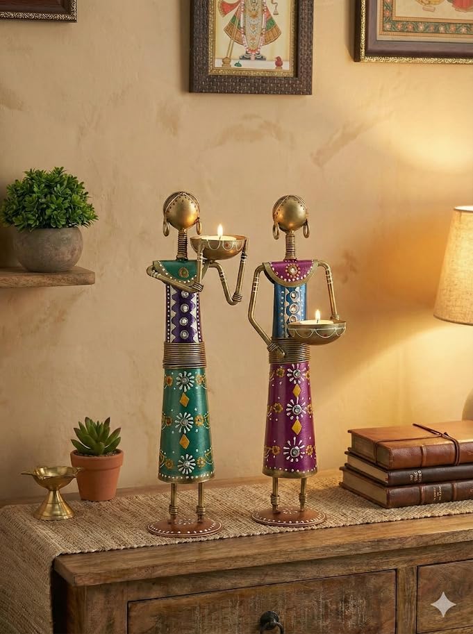 ZXC Rajasthani Lady Metal Tea Light Candle Holder Set of 2 | Handmade Traditional Indian Woman Figurine Diya Stand | Ethnic Iron Home Decor Showpiece for & Festive Decoration for Best Gifting