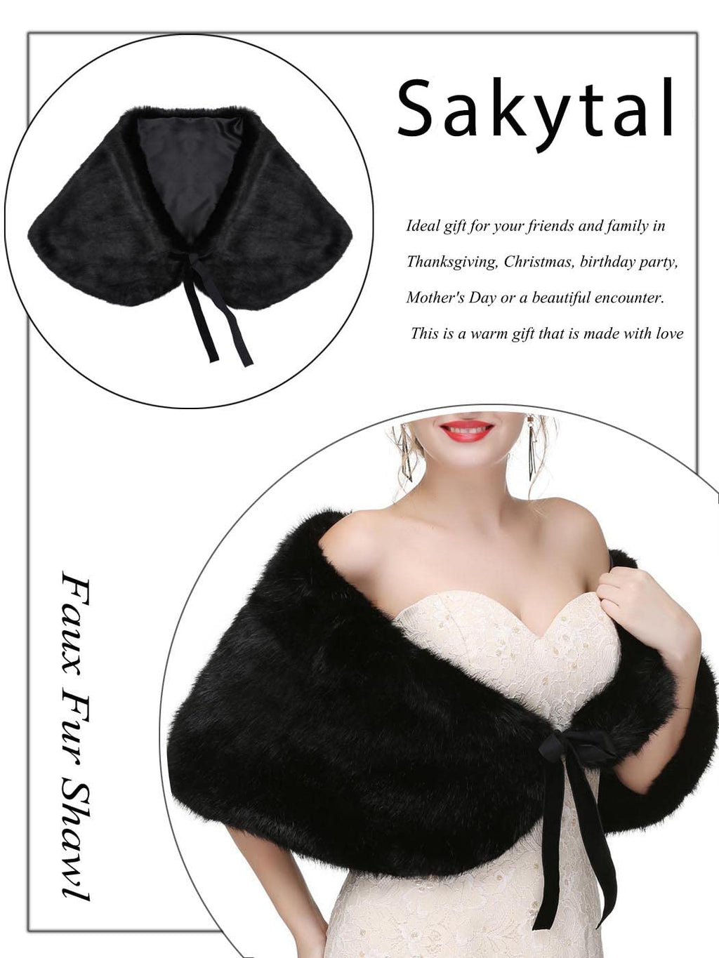 Sakytal Women's Black Faux Fur Shawl Wrap for Bride and Bridesmaid, One Size