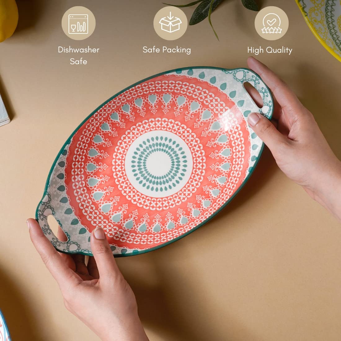Nestasia Mandala Ceramic Long Dish with Handles (10.8 Inch) - Elegant Oval Serving Platter for Snacks, Appetizers, Salads, and Noodles | Microwave & Dishwasher Safe (Red & Green)