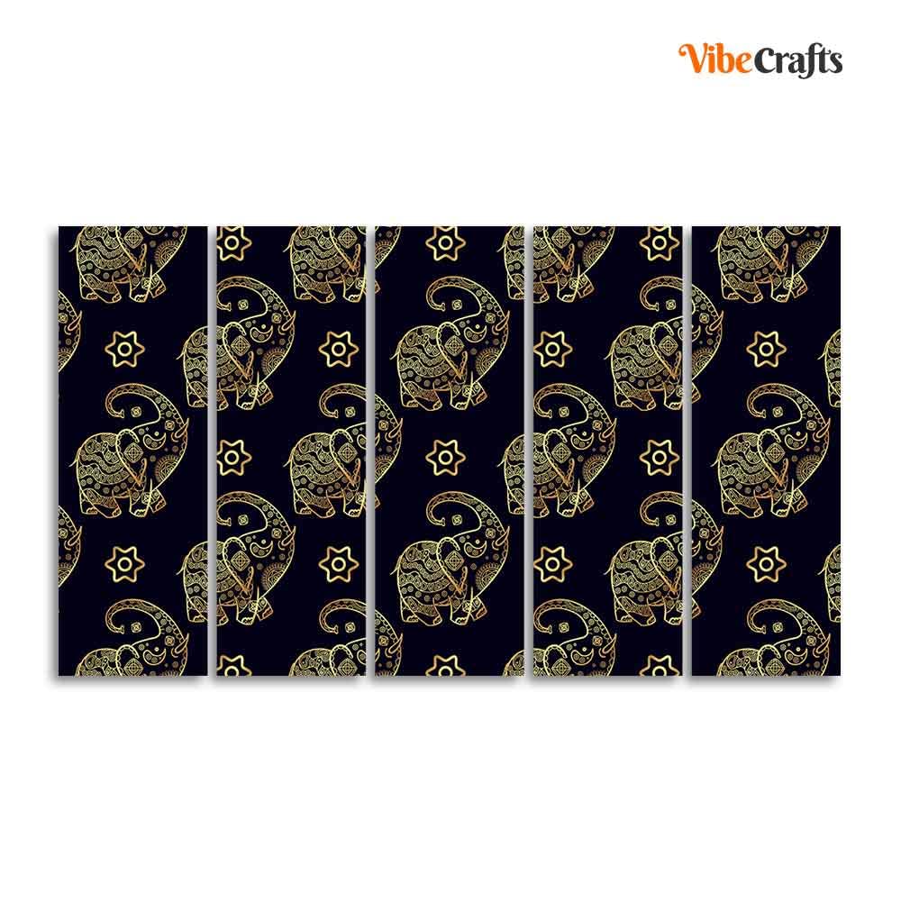 VIBECRAFTS Beautiful Elephant Madhubani Art Wall Painting Set of Five For Home|Office|Living Room|Gift (PTVC5Pcs4_8571)