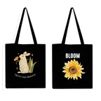 Peach Blossom Reusable Zipper and Pouch Tote Bags, 100% Cotton Shopping/Grocery Bag, Multi-Purpose Bag 5kgs Capacity, 2 Pack (BlackRabit_BlackSunflow)