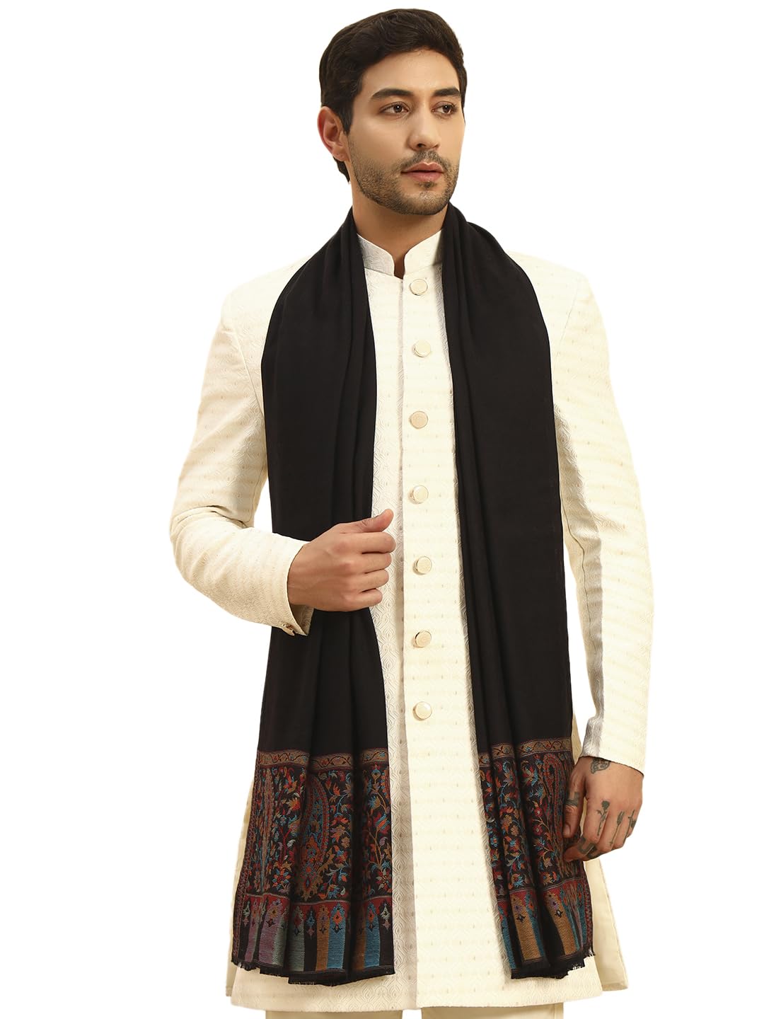 Pashmoda Men Gulpari Kaani Stole, Authentic Kashmiri Luxury Pashmina Style Shawl, Stole, Small Size Gents Lohi, (Size 28x80 Inches,Black Color) MAVST06
