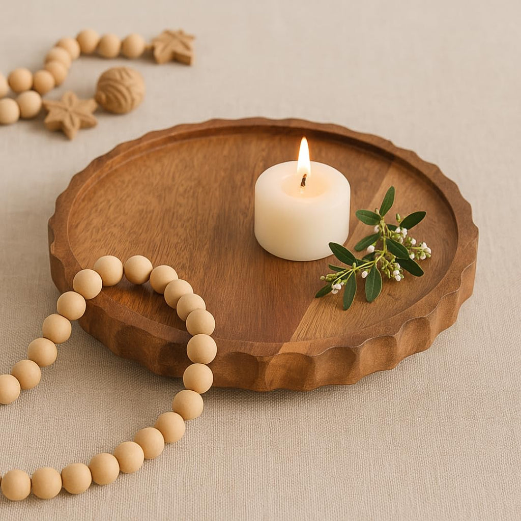 FABULO 10-Inch Round Wooden Serving Tray | Decorative Tray For Table & Kitchen | Stylish Home Decor & Table Organizer.