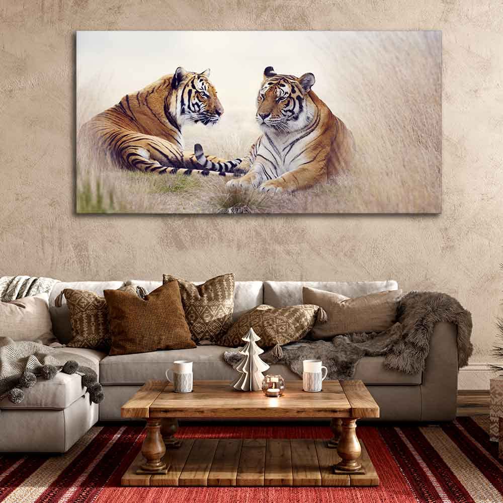 VIBECRAFTS Canvas Paintings for Living Room Drawing Room Two Tigers In Forest Premium Wall Painting Fitted With Wooden Frame for Home | Office | Gift (PTVCH_2339)