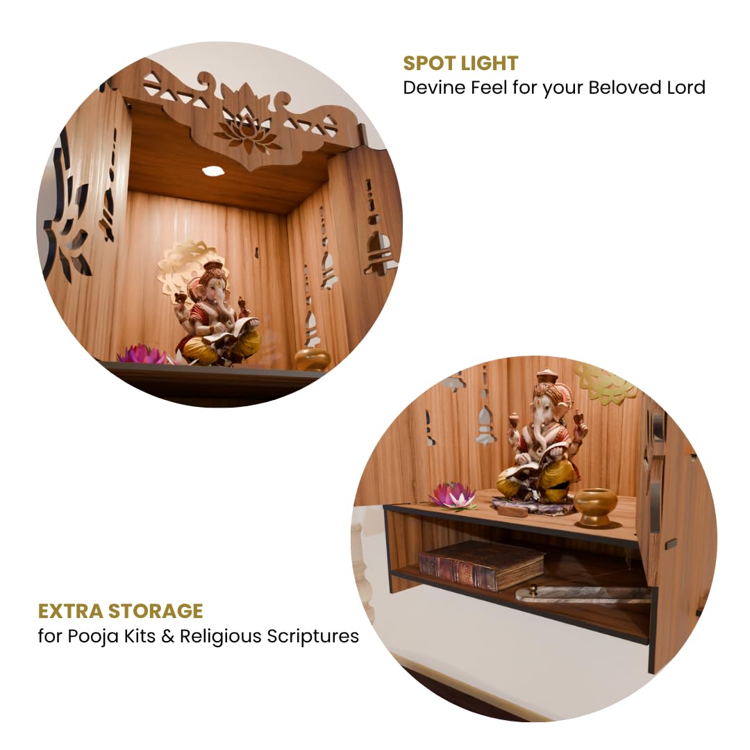 NIVED YAMUNA Engineered Wood Mandir with Door | Spotlight | Extra Storage | 21 x 16 x 10.5 inch | Wall Mountable | No Screw/Bolt Screw Assembly | Home Temple | Pooja Stand | Colour: Walnut