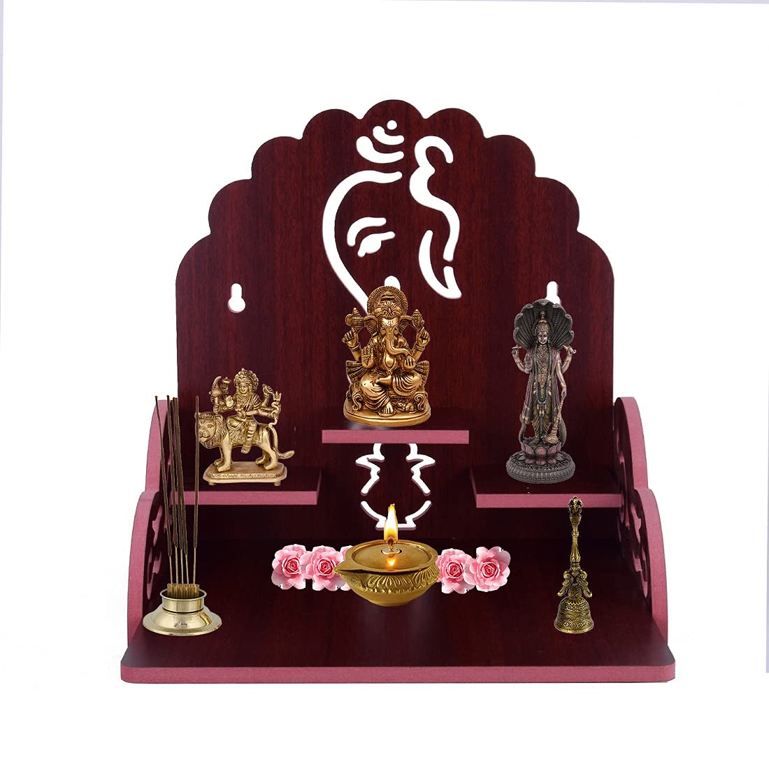 Lakhaji Wooden Wall Mounted Hanging Puja Temple Wood God Stand for Pooja Room (Maroon)