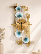 Mahira Artefacts Luxury Metal Wall Clock with Ginkgo Leaf Design, Gold and Blue, Abstract Art Decor for Living Room