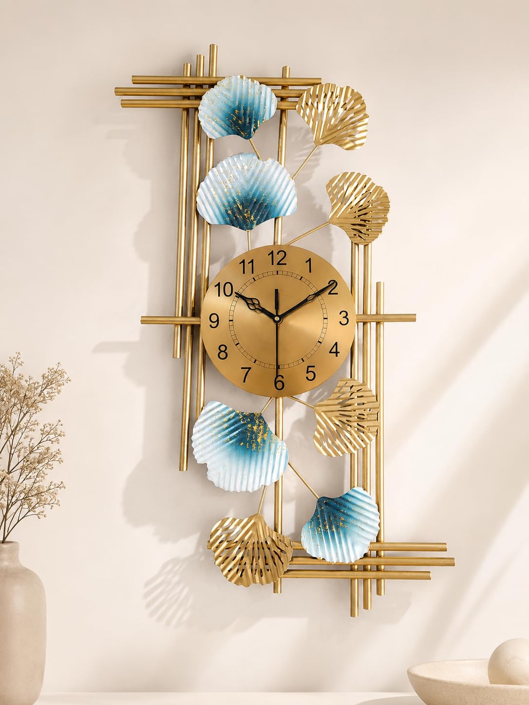 Mahira Artefacts Luxury Metal Wall Clock with Ginkgo Leaf Design, Gold and Blue, Abstract Art Decor for Living Room