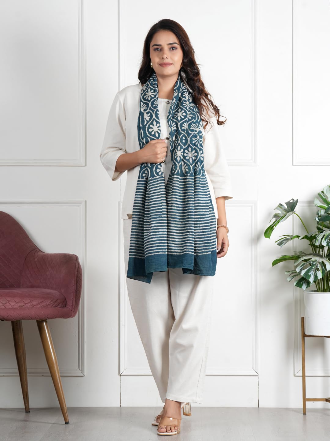 RAI SAHAB Women's Cotton Hand Block Printed Casual Stoles/Scarf(ST-72GRN10)
