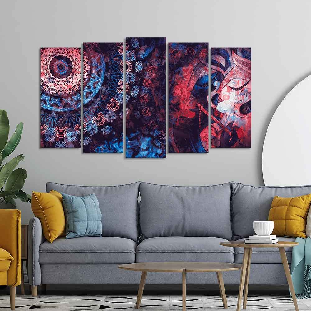 VIBECRAFTS Shree Radha Krishna Ancient Indian Vedic Big Wall Painting of Five Pieces For Home|Office|Living Room|Gift (PTVC5Pcs2_6613)