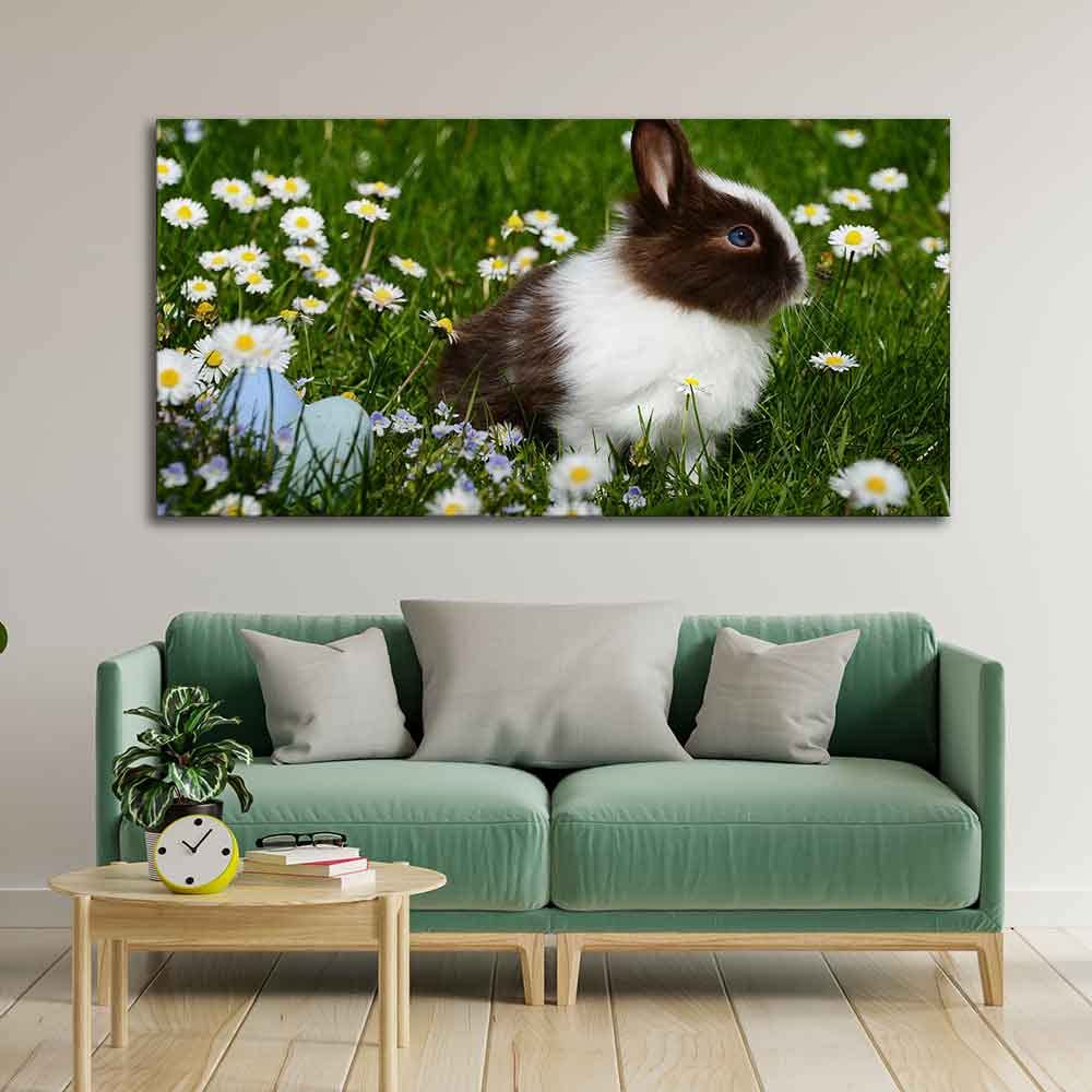 VIBECRAFTS Canvas Paintings for Living Room Drawing Room Cute little White & Brown Bunny Premium Wall Painting Wall Painting Fitted with Wooden Frame for Home | Office | Gift (PTVCH_2320)