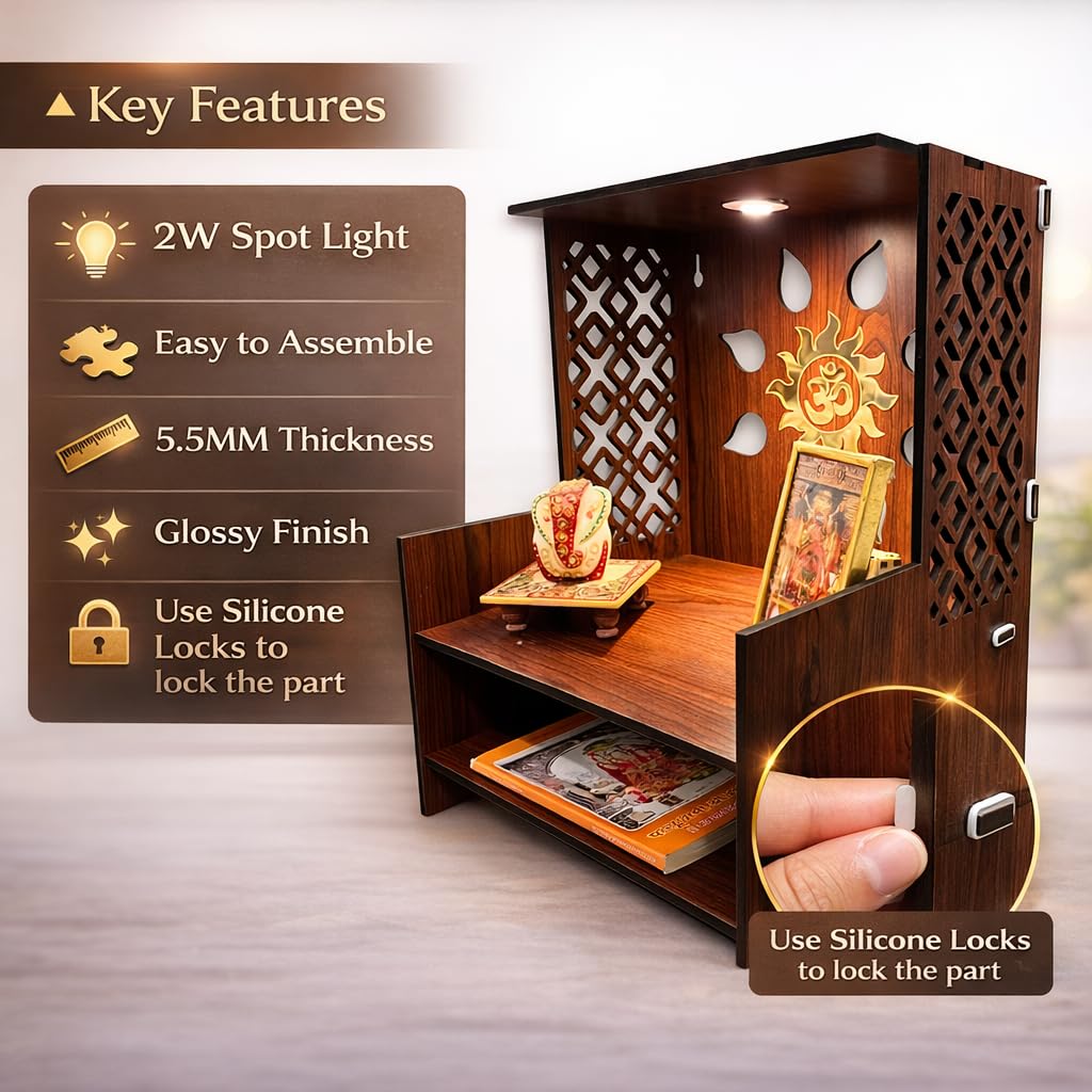 Zesta Wooden Mandir for Home Big Size | DIY Pooja Mandir with LED Spot Light | Devghar Cabinet for Living Room or Office | Wall Mounted Pooja Unit for Home