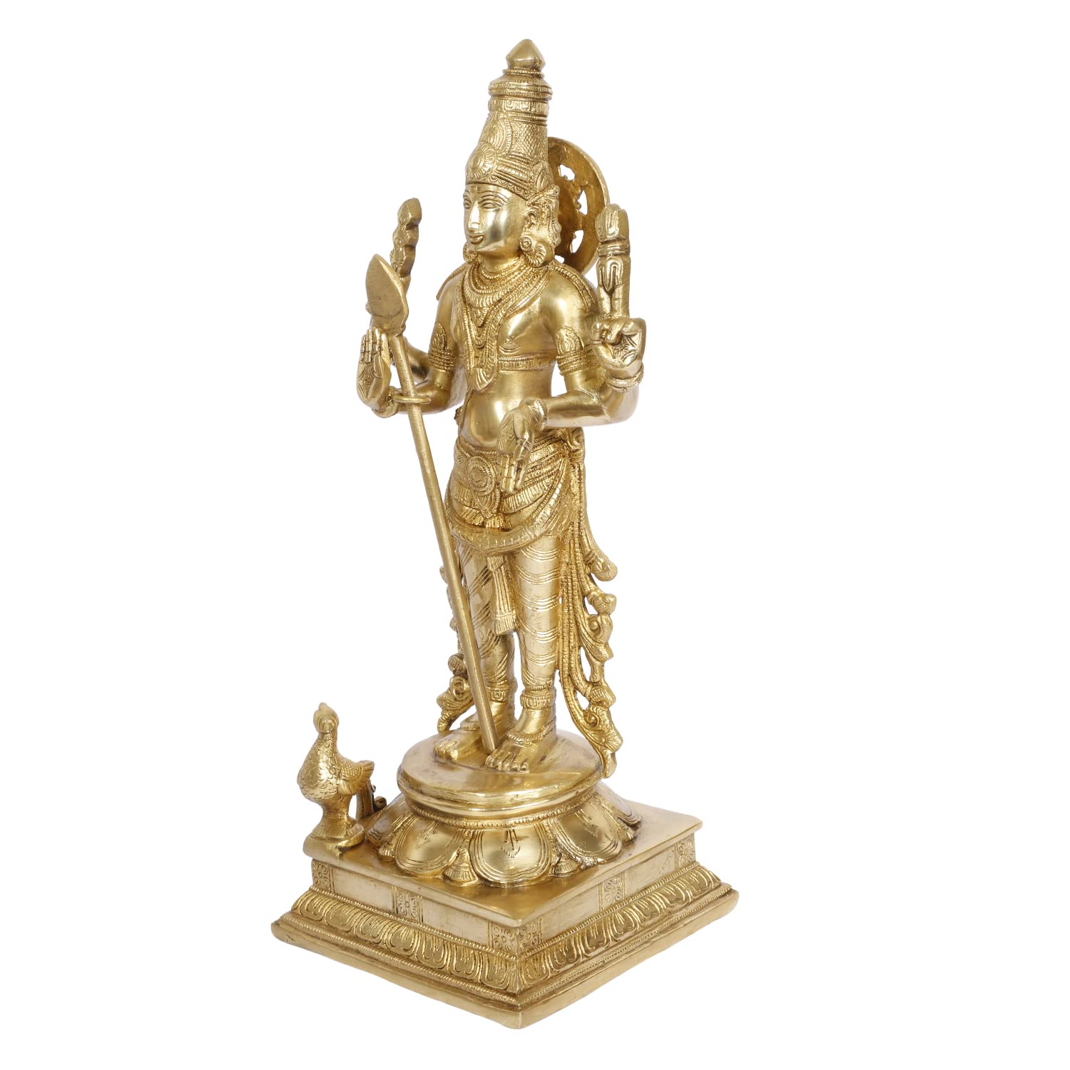 ARTVARKO Brass Lord Murugan Kartikeya Murugana Kumaraswamy Karthikeya Standing Idol with Peacock Swaminatha Skanda Murti Swami Ji Subrahmanya Swamy Height 14 Inch