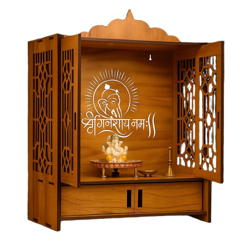 ARTIHC CRAFT Large Wooden Home Temple Mandir with Doors, Krishna Wall Art Design, Dual Storage Drawers, and Wall-Mounting Capability, Ideal Pooja Unit for Home Worship| Sculpture-GaneshayNamah
