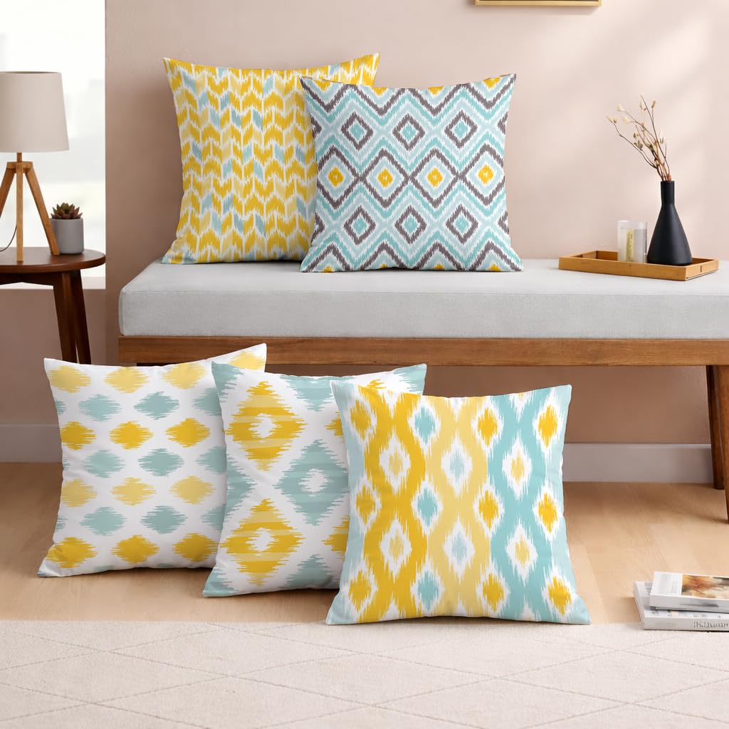 STITCHNEST Set of 5 Polycotton Cushion Covers – 12x12 Inches – Yellow & Aqua Ikat-Inspired Geometric Print – Vibrant Cushion Covers for Sofa, Couch & Living Room | Perfect for Home Decor