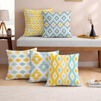 STITCHNEST Set of 5 Jute Cushion Covers – 16x16 Inches – Yellow & Aqua Ikat-Inspired Geometric Print – Vibrant Cushion Covers for Sofa, Couch & Living Room | Perfect for Home Decor