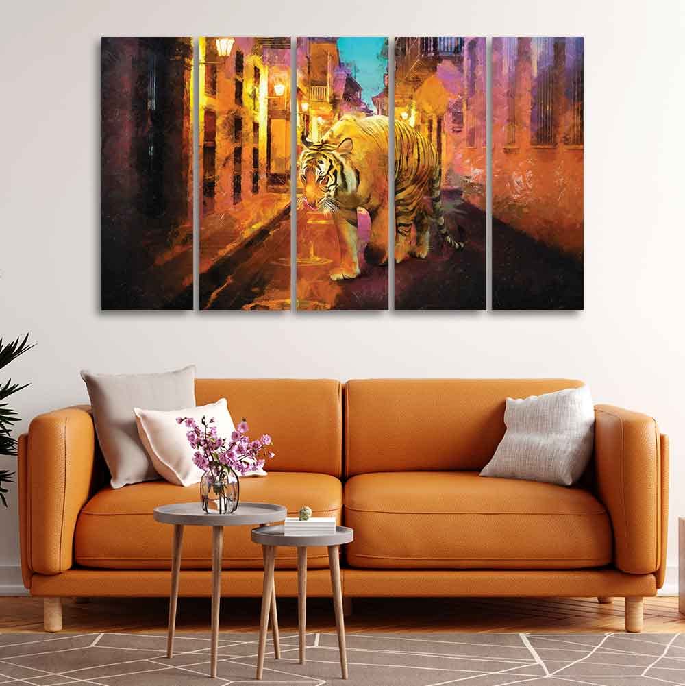 VIBECRAFTS Abstract Art Tiger Walking on Street Five Pieces Canvas Wall Painting For Home|Office|Living Room|Gift (PTVC5Pcs4_8660)