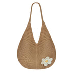 PALAY® Tote Bag for Woman Crochet Mesh Beach Shoulder Bags with Flower Brooch Summer Vacation Knitted Bag for Women Shoulder