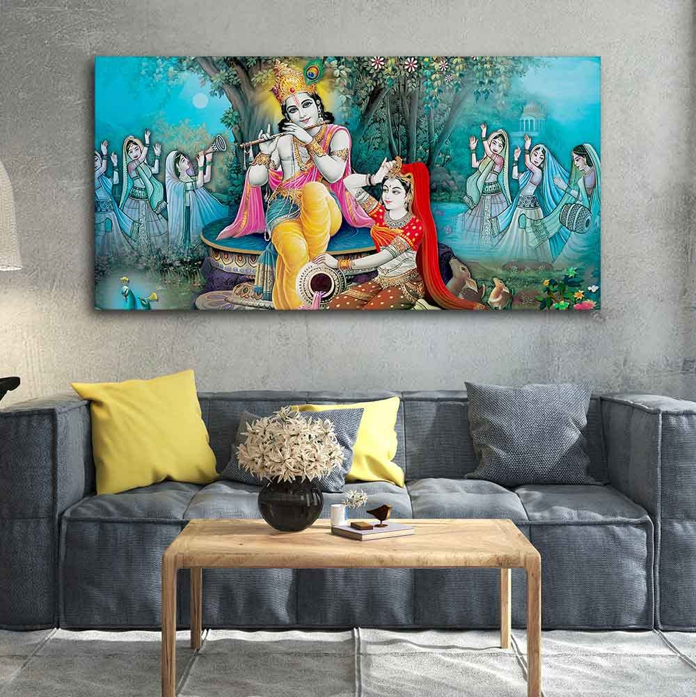 VIBECRAFTS Canvas Paintings for Living Room Drawing Room Hindu Radha Krishna Canvas Wall Painting Fitted With Wooden Frame For Home | Office | Living Room | Gift (PTVCH_2494)