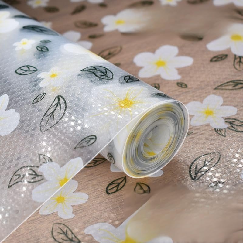 EVA Fridge Shelf Liner Roll, Washable Drawer Mat Sheet, Cut-to-Size Cabinet & Refrigerator Shelf Protector, Food Contact Suitable Multipurpose Kitchen Table Liner Roll, 3 Meter (White_Flower) Kafalo