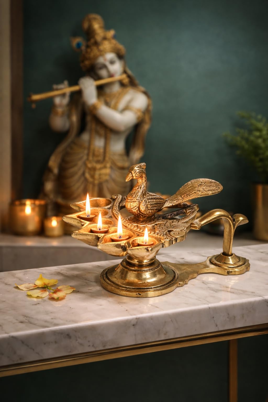 Artvarko Peacock Aarti Diya with Handle Brass Decorative Puja Accessory, Five Face Camphor Burner lamp Panch Aarti for Navratra, Diwali Gifts 7 Inch .