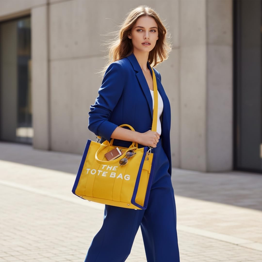 MAIRO LIFESTYLE Women Canvas The Tote Bag with Zipper Small Purse Crossbody Bag Top Handle Traveler Handbag (Yellow with Blue edge)