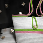 BEAUTIFUL HOMMIES Attractive Hand Bag |large Tote Bag |Summer Bag | Bucket Bag | Basket Bag | Bamboo Tote | Beach Bags for Women|Boho Bag|Handbag |Jute Bag |Handmade Bag (WHITE PINK GREEN)