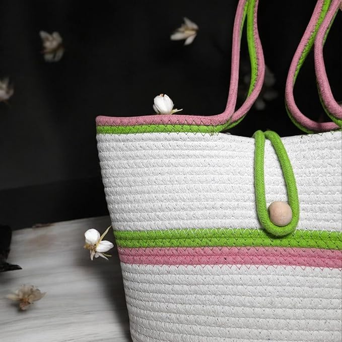 BEAUTIFUL HOMMIES Attractive Hand Bag |large Tote Bag |Summer Bag | Bucket Bag | Basket Bag | Bamboo Tote | Beach Bags for Women|Boho Bag|Handbag |Jute Bag |Handmade Bag (WHITE PINK GREEN)