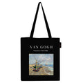Peach Blossom Van Gogh Printed Tote Bag for Women with Zip, Stylish Cotton Handbags, Canvas Tote Bags for College (Black_VanGoghBeachBoat)