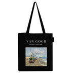 Peach Blossom Van Gogh Printed Tote Bag for Women with Zip, Stylish Cotton Handbags, Canvas Tote Bags for College (Black_VanGoghBeachBoat)
