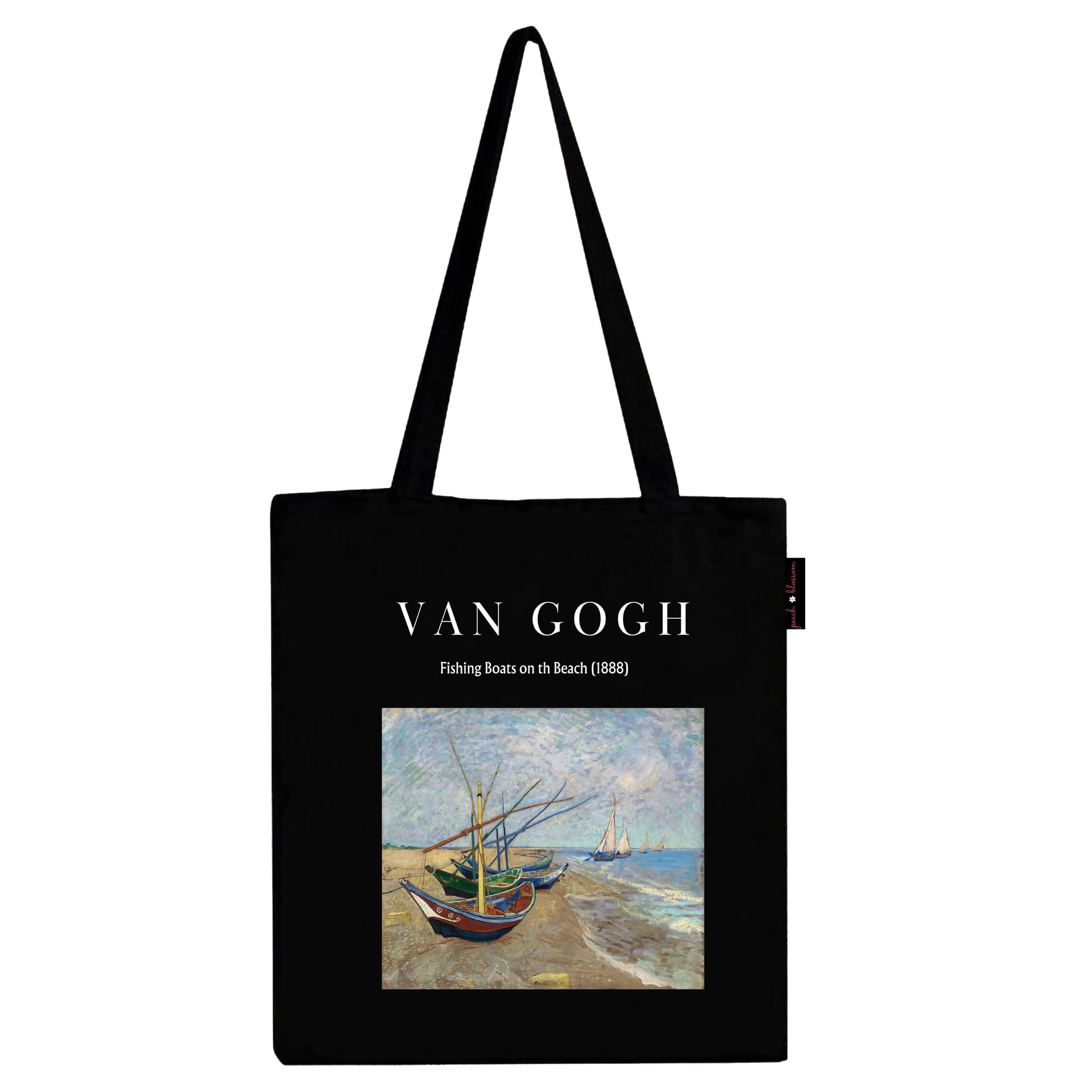 Peach Blossom Van Gogh Printed Tote Bag for Women with Zip, Stylish Cotton Handbags, Canvas Tote Bags for College (Black_VanGoghBeachBoat)