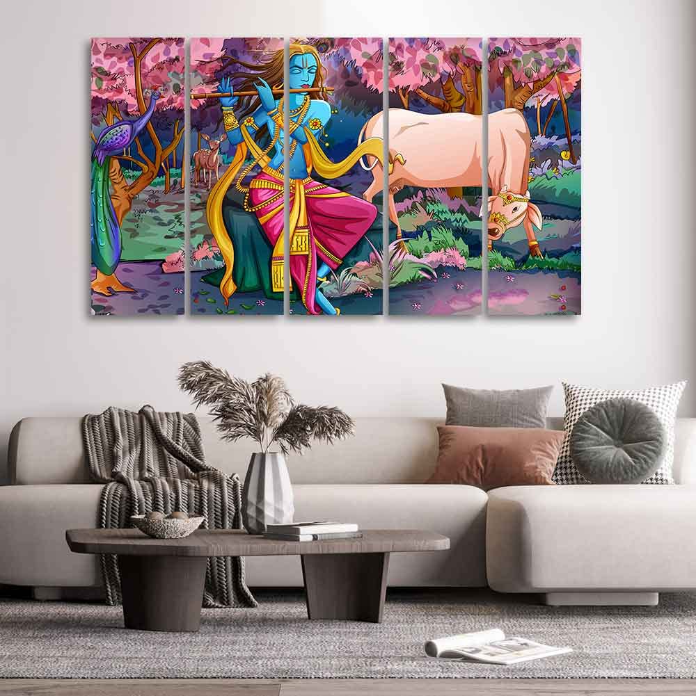 VIBECRAFTS Krishna Playing Flute 5 Pieces Canvas Wall Painting For Home | Office | Living Room | Gift (PTVC5Pcs4_8555)