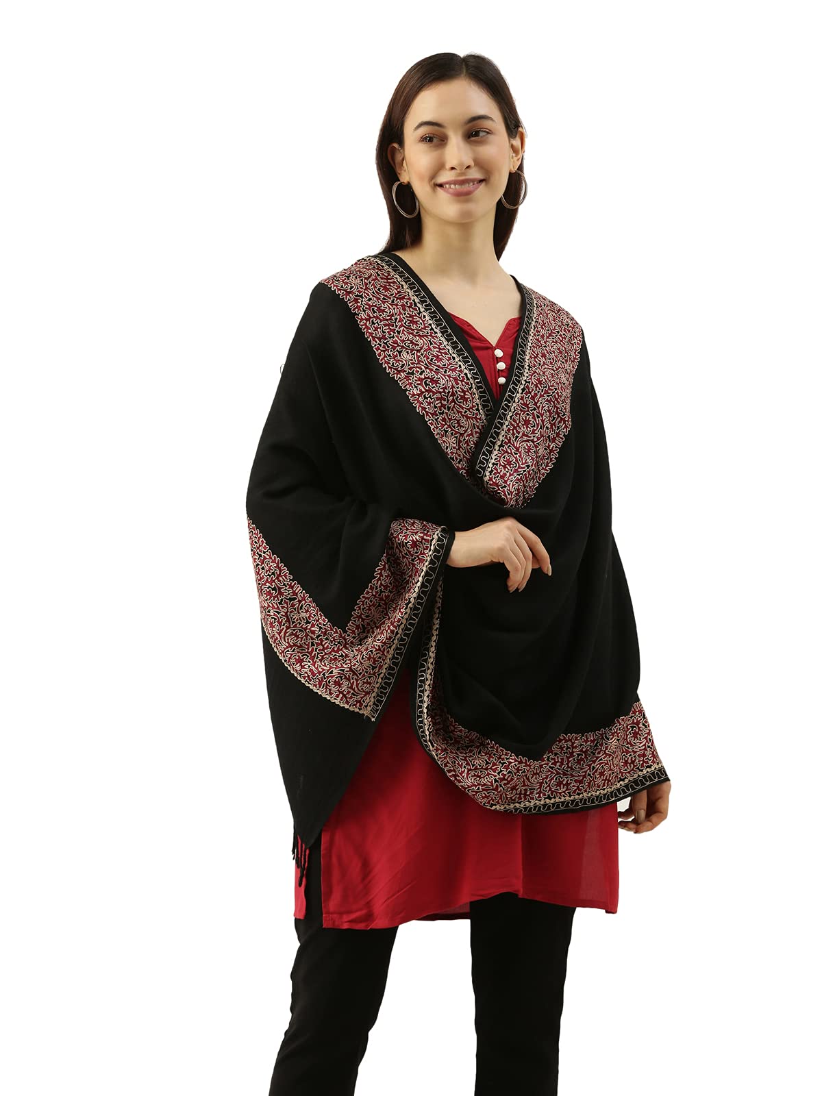 Pashmoda Women’s 100% Pure Wool Nalki Embroidered Stole, Shawl and Wrap, Woolmark Certified, Sustainable and Natural Fabric (Size 28x80)