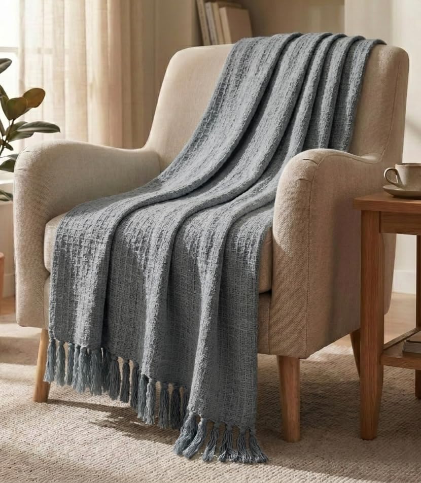 HAKAM Cotton Handloom Waffle Slub Throw Blanket for Sofa & Bed | Soft Lightweight Decorative Throw with Tassels | All-Season Cosy Couch & Bed Throw | 125 x 150 cm, Pack of 1 (Dark Gray) Kafalo