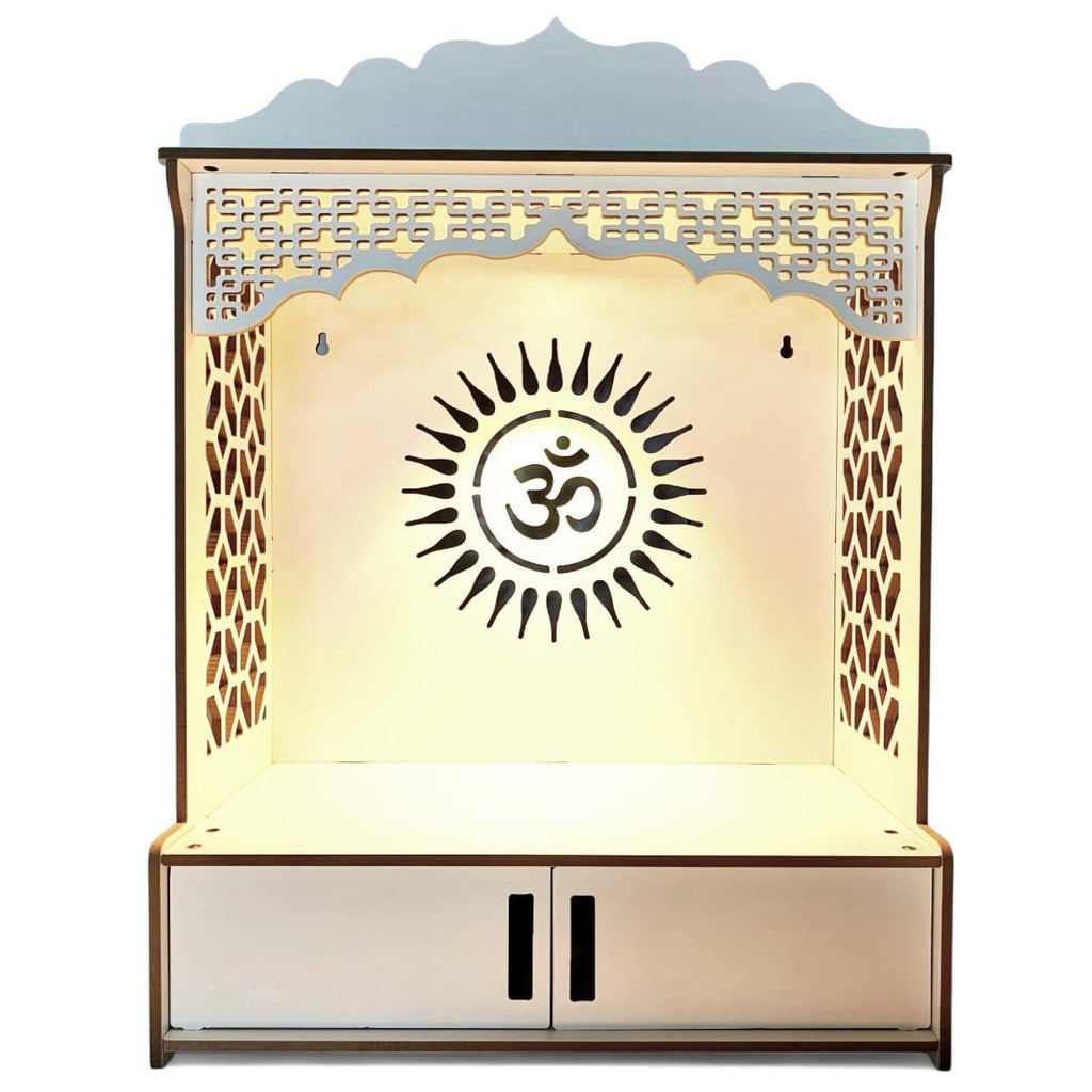 Devson Beautiful Wooden Temple | MDF Pooja MANDIR for Home and Office use with LED SPOT Light | Engineered Wood Pooja Stand with Storage Shelves | Size - H 21 x L 16 x W 9 inch | 15DDW