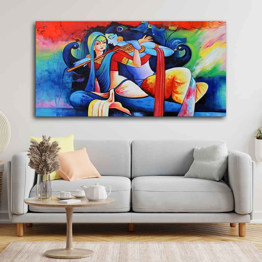 VIBECRAFTS Canvas Paintings for Living Room Drawing Room Radha Krishan Playing Flute Canvas Wall Painting Fitted With Wooden Frame For Home | Office | Living Room | Gift (PTVCH_2479)
