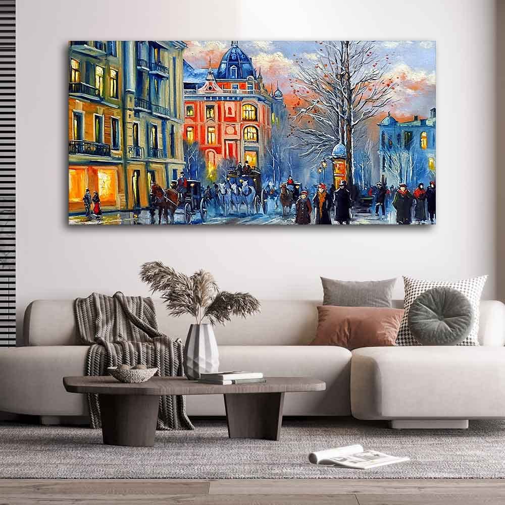 VIBECRAFTS Canvas Paintings for Living Room Drawing Room Old City In Winter Canvas Wall Painting Fitted With Wooden Frame for Home | Office | Gift (PTVCH_2446)