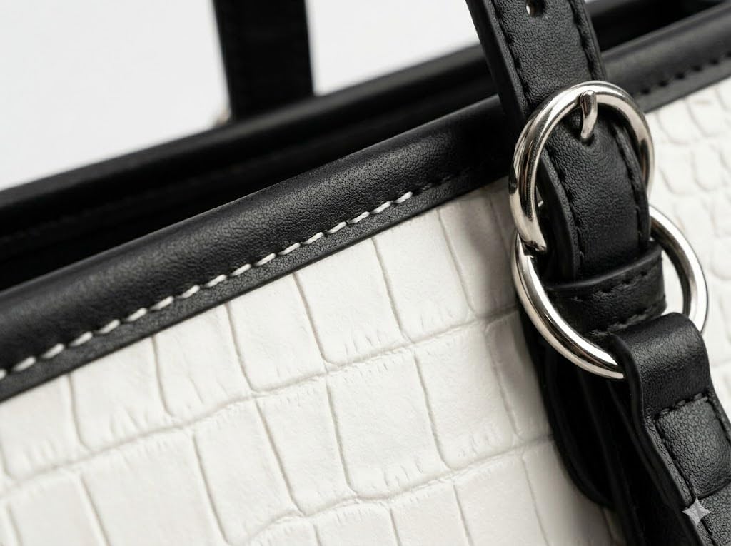 Pavilonn Women Handbag PU Leather Tote Purse Stylish Shoulder Office Bag Black Structured Croco Pattern Ladies Fashion Shopping Handbag Daily Use College Gift (BLACK AND WHITE)