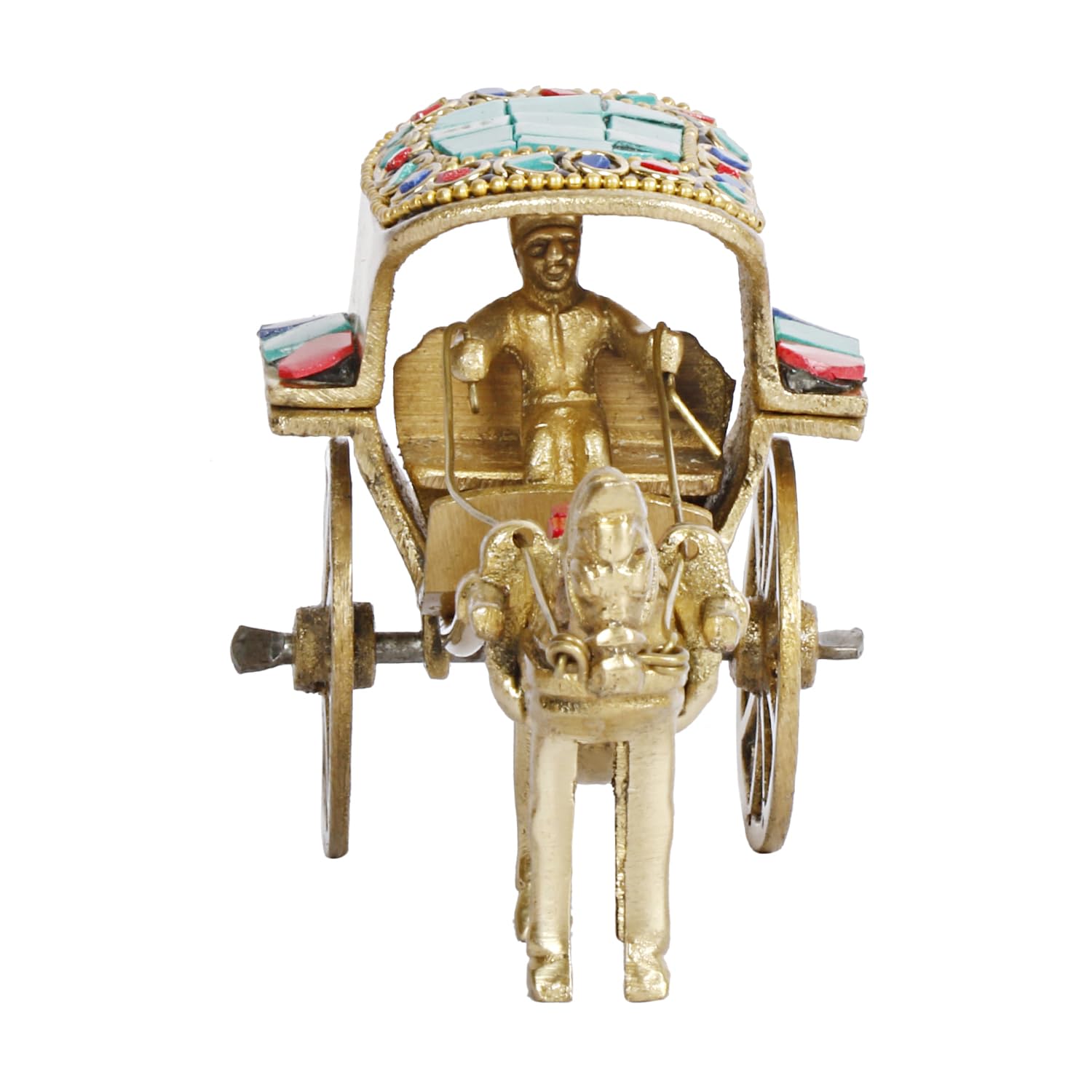 ARTVARKO Horse Cart Replica Brass Gemstone Handwork for Study Table Vastu Decor Fengshui Ashav Idol Murti Tanga Showpiece Statue 5.5 Inch