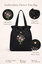 HaveGlam Embroidered Flower Tote Bag with 100% Cotton Lining Inner Pocket Button Detail for Daily Use Travel College Shopping Office & Casual Wear Lightweight Tote for Ladies & Girls (Black)
