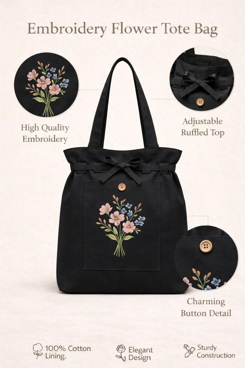 HaveGlam Embroidered Flower Tote Bag with 100% Cotton Lining Inner Pocket Button Detail for Daily Use Travel College Shopping Office & Casual Wear Lightweight Tote for Ladies & Girls (Black)