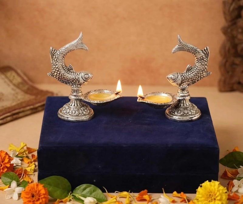 Fish Shape Diya Set, Silver, Metal, 12 cm Height, Traditional Oil Lamp for Puja and Home Decor, Set of 2
